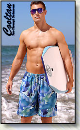 Eliminate tan lines with tan through mens swim trunks.